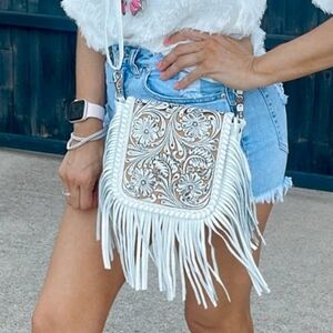 NWT White Genuine Leather White and Tan Fringe Shoulder Crossbody Messenger Bag